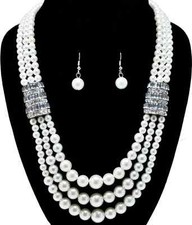 Gift Boxed 3 Strand Ivory Cream Pearl Necklace Set w Side Rhinestone Focal Beads