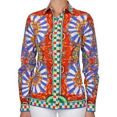 DOLCE & GABBANA Carretto Sicily Blouse Shirt Top Blue Red IT 38 XS