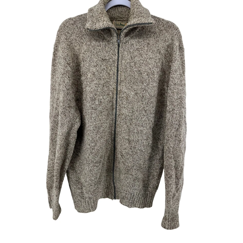 LL Bean 70-х 80-х вязаный полный молнии свитер коричневый желтовато-коричневый кардиган шерсти дедушка США XL - Изображение 2 из 4