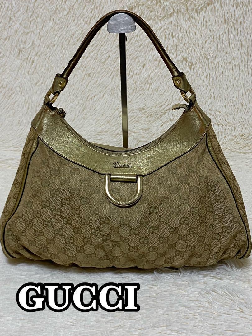 GUCCI Beige Gold Canvas Leather Tote Bag with Gold Hardware