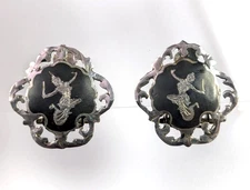 VTG Sterling Silver SIAM Nielloware Enamel Mekkala Goddess Clip-On Earrings