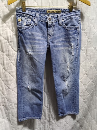 Big Star Sweet Ultra Low Rise Med Wash Denim Capris Sz 28 19" Inseam Distressed