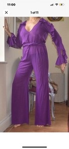 LA PERLA Purple Silk Pant Jumpsuit Ruffle Long Sleeves New Jeweled US 10 M EU 44