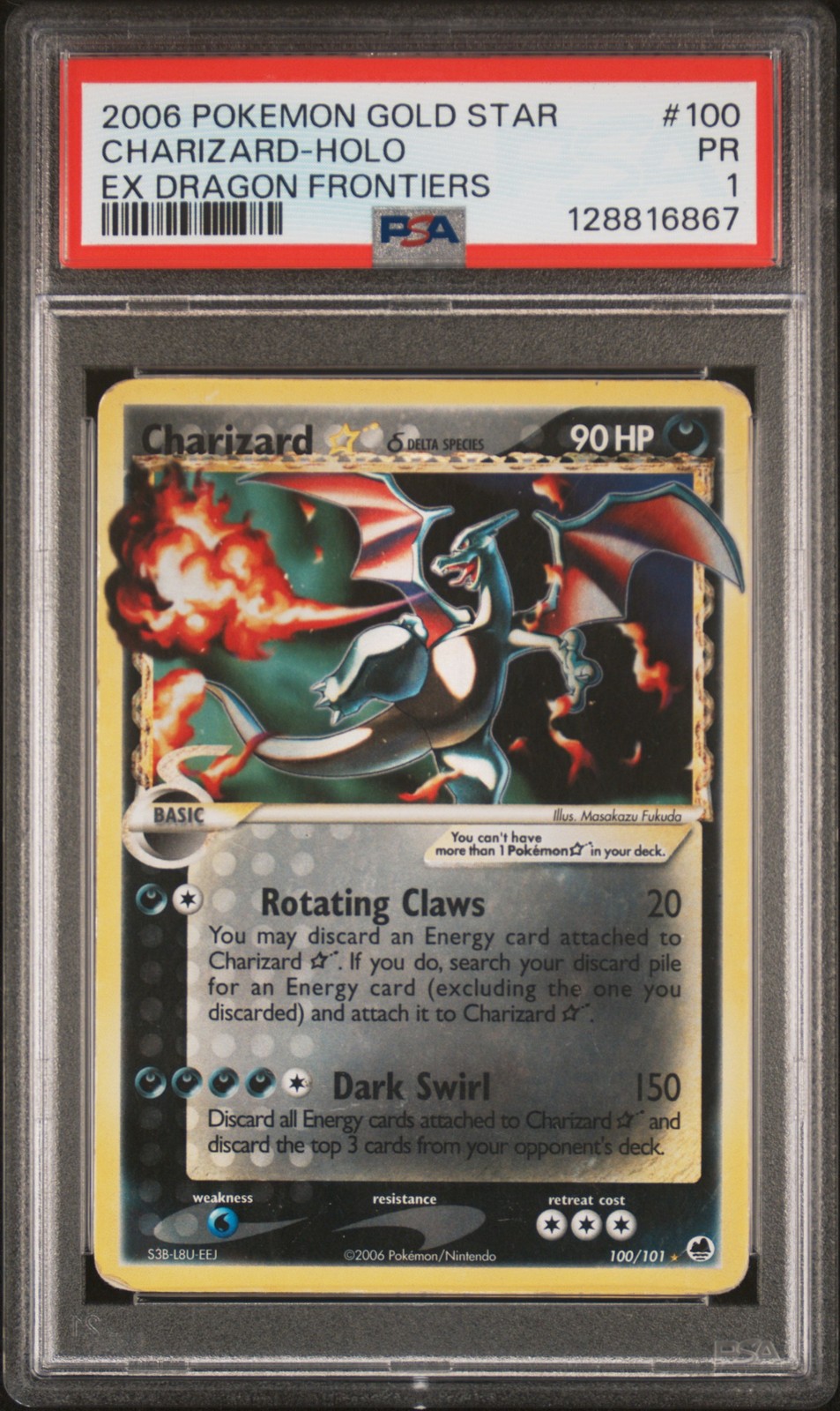 Pokemon Charizard Gold Star Holo EX Dragon Frontiers 100/101 PSA 1 view 1