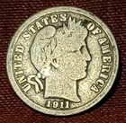 1911-D Silver Barber Dime, Free Shipping