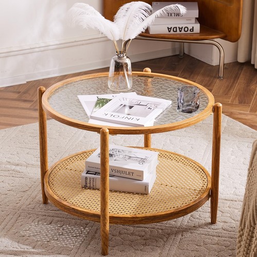 25.6" Rattan Coffee Table, Round Water-Wave Glass Metal Center Table, Modern ...