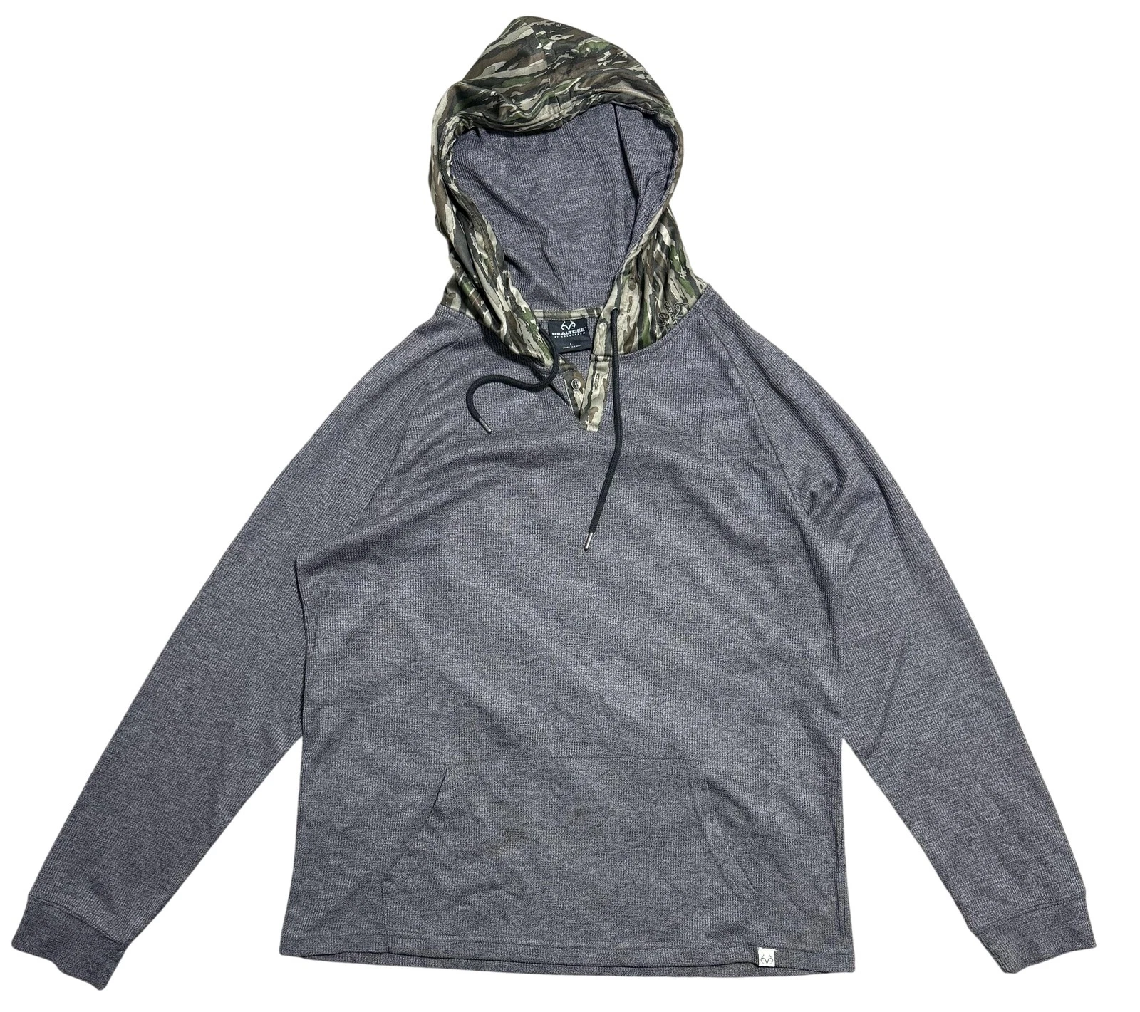 Realtree Hoodie Mens Large Gray Thermal Waffle Knit Camo Hood Pullover Hunting