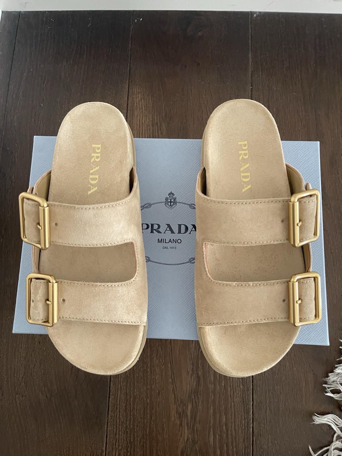 BRAND NEW  Size 38 -PRADA Beige Suede Buckle Slide Sandals Adjustable Strap  thumbnail 5