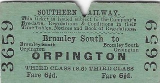 Railway Tickets S R BROMLEY SOUTH to ORPINGTON 3rd Class Issued 1954