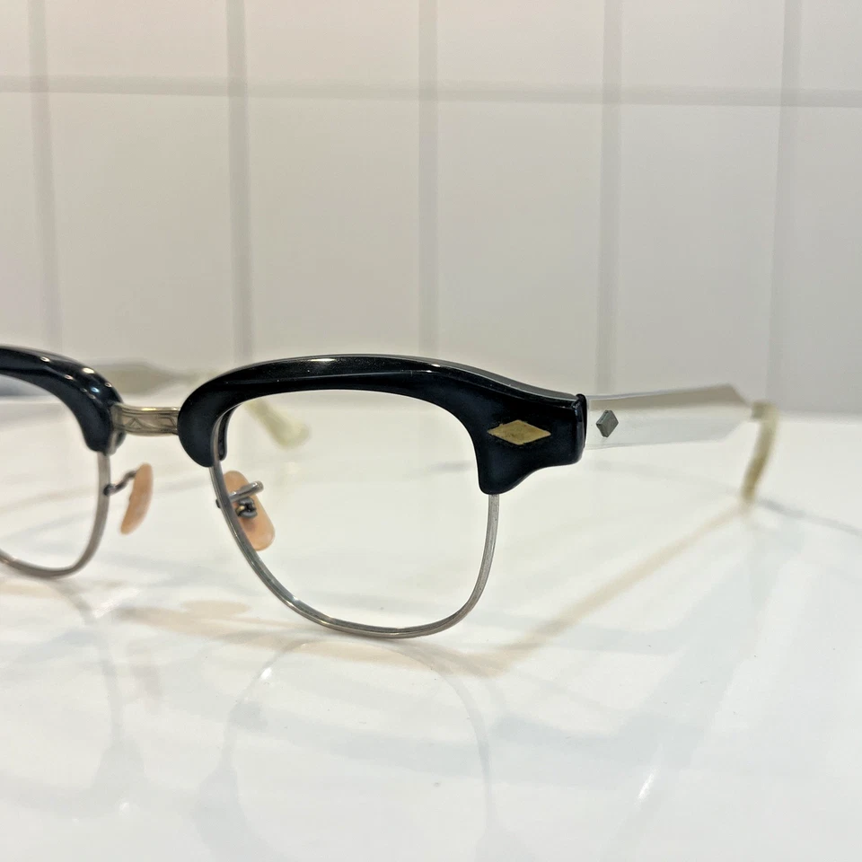 Vintage Men's 1/10 12k White Gold Filled eyeglass frame black plastic top - Image 2 of 4