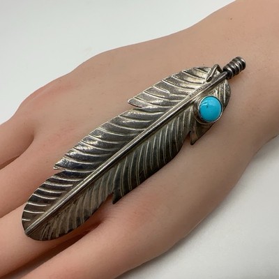 VTG Signed L.M. Native American Sterling Turquoise Feather Pin/ Brooch 12.8g #bi