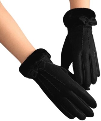 elegante und warme Handschuhe mit Kunstfell und Schleife in ROSA für Frauen NEU