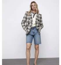 ZARA Textured Plaid Blazer Jacket Black Ecru