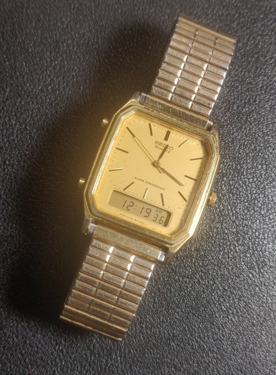 Vintage Seiko Watch Men Gold Tone Analog Digital 29mm H449-5219
