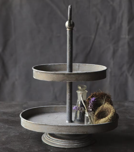 DECORATIVE ZINC TWO TIER SERVING DESSERT OVAL SERVER STAND TRAY 19"H NEW - Picture 4 of 10