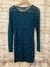 Forever 21 Dress Womens Large Mesh Y2K Teal Blue Medallion Print Sheer Stretch