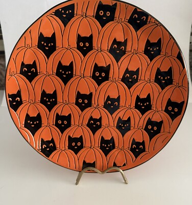 Blue Sky Hidden Cat Halloween Dinner Plate Platter Multi-color Hand Painted
