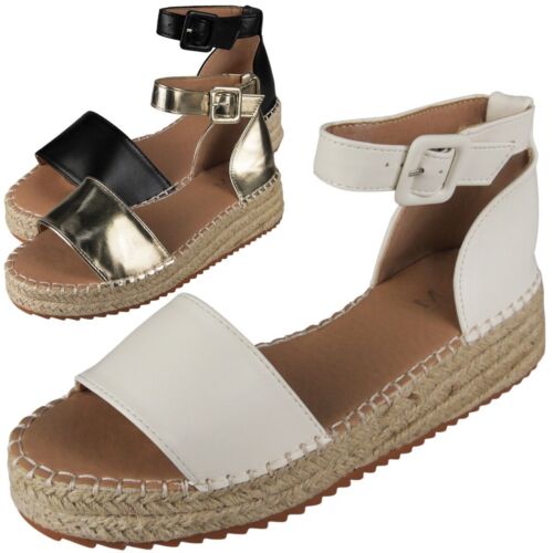 Wedge Sandals Shoes Ladies Summer Buckle  Comfy Cushioned Hessian Womens Sizes - Afbeelding 1 van 13