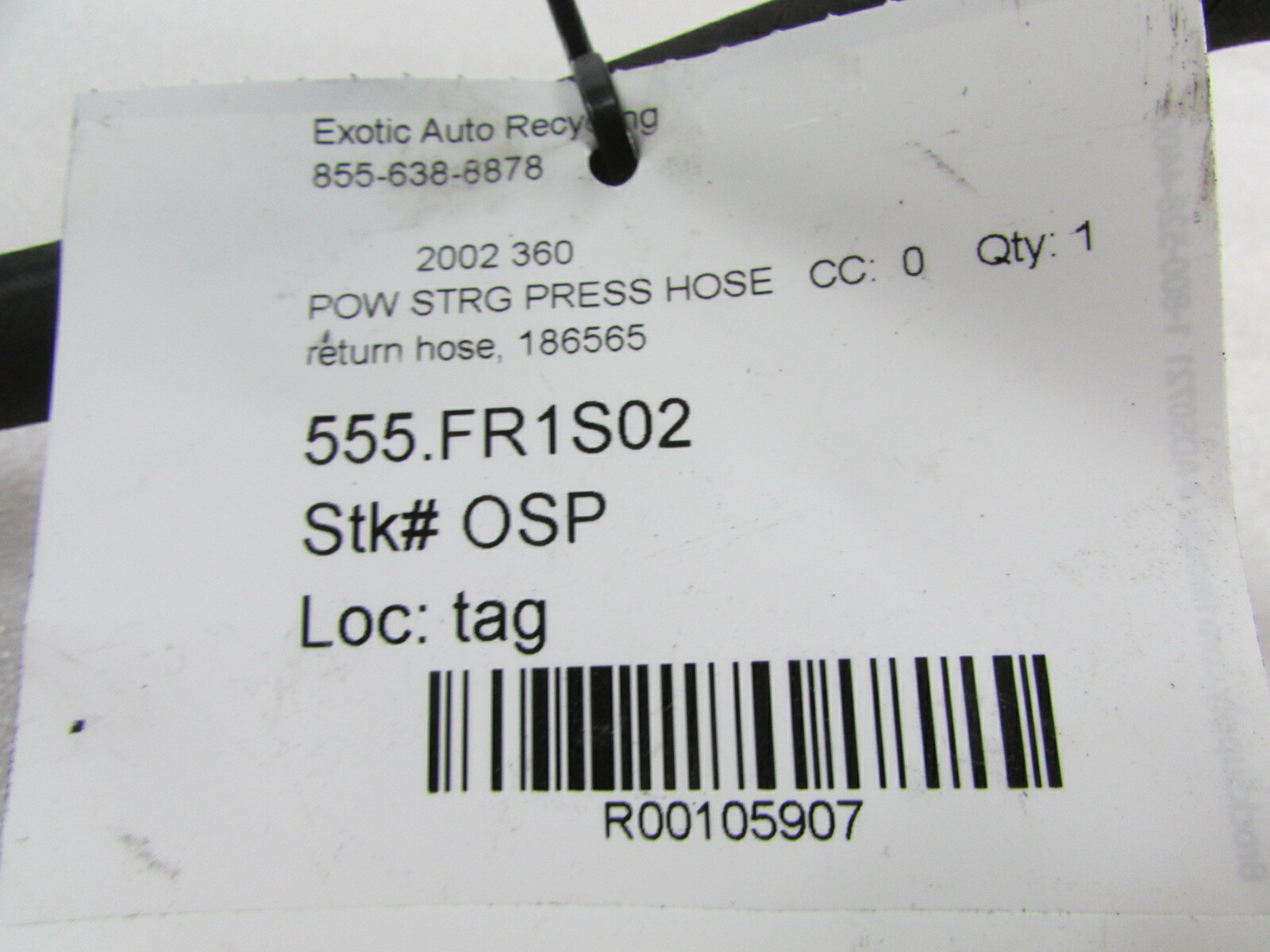 Ferrari 360, Power Steering Tank Return Hose, Used, P/N 186565