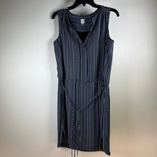 Gap Womens A Line Dress Blue White Geometric Belted Notch Neck Lined Slits XS