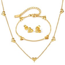 Women Jewelry Set Stainless Steel Love Heart Earring Necklace Bracelet Set Gold