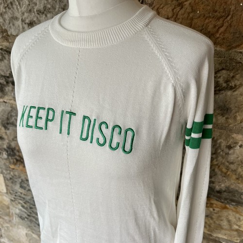 Zoe Karssen Keep It Disco Sweater XS 8 10 Embroidered Slogan Cotton Green White - Picture 7 of 16