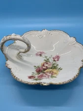 Vintage Royal Bavarian China, Candy Dish  w/ Curled  Handle 6" diameter