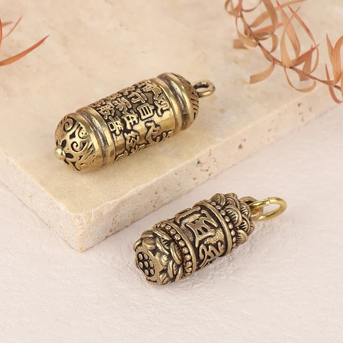 1Pc Hollow Brass Buddha Bottle Sutra Cylinder Pendant Keychain Handmade Vintage - Picture 3 of 24