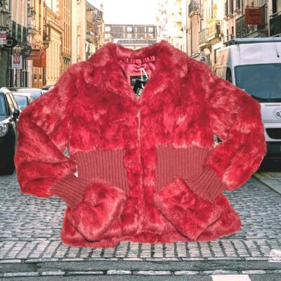 RINO & PELLE Italian Coat Jacket RABBIT FUR Leather Suede CHERRY RED Women's LG