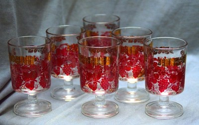 6 Schnapsgläser Likörgläser Luminarc, roter Traubendekor,Gold, 7,2 cm, 1970 1980