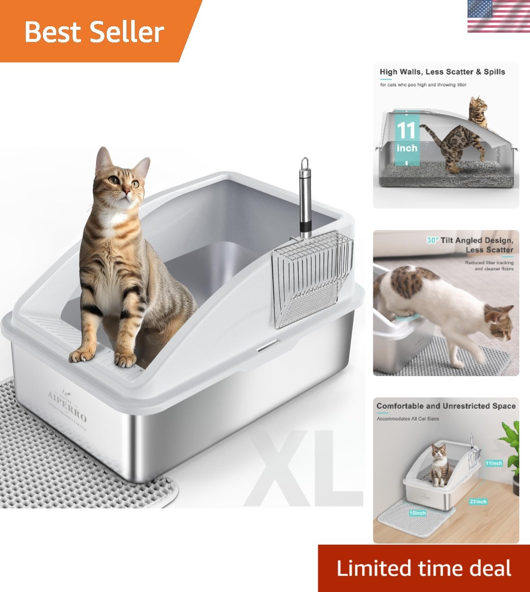 High-Sided XL Stainless Steel Cat Litter Box with Leak-Proof Design & Scoop