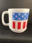 Vintage Glasbake Milk Glass Stars & Stripes Red White Blue Mug USA American Flag