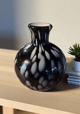 Handblown Art Glass Vase 5" Round Black Amethyst White Cased w Confetti Spots