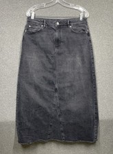 M&S Per Una Maxi Skirt Washed Black Denim Raw Hem Women’s Uk14 Short Stretchy