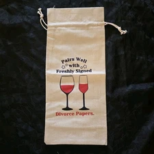 Canvas Party Gift Wine Bag Divorce Papers 14" Beige With Drawstring NIB 