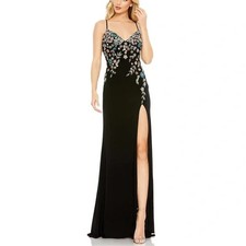 Mac Duggal Black Multi Color Beaded Floral Cami Gown Size 4 $398