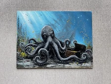 Octopus and Treasure Chest Original Oil Painting. Sunken Ship and Gold Coins Art