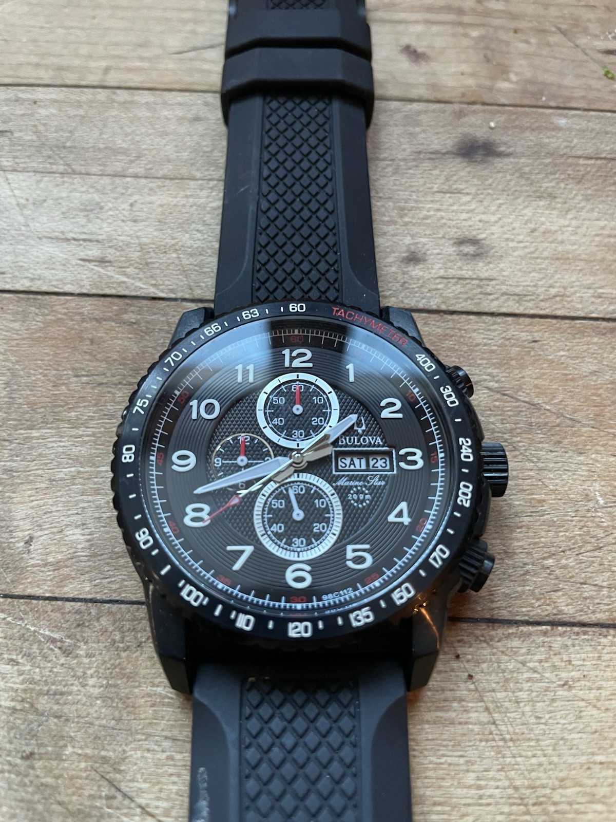 STAR  WATCH BLACK MEN'S WR TACHYMETER MARINE 98C112 BULOVA 200M CHRONOGRAPH - vintagewatches.pk