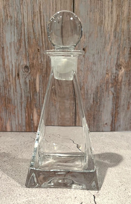 Vintage Clear Crystal Triangular Pyramid Perfume Bottle with Stopper 6.5'' Tall