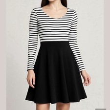 GUESS Black and White Striped Long Sleeve Fit and Flare Dress