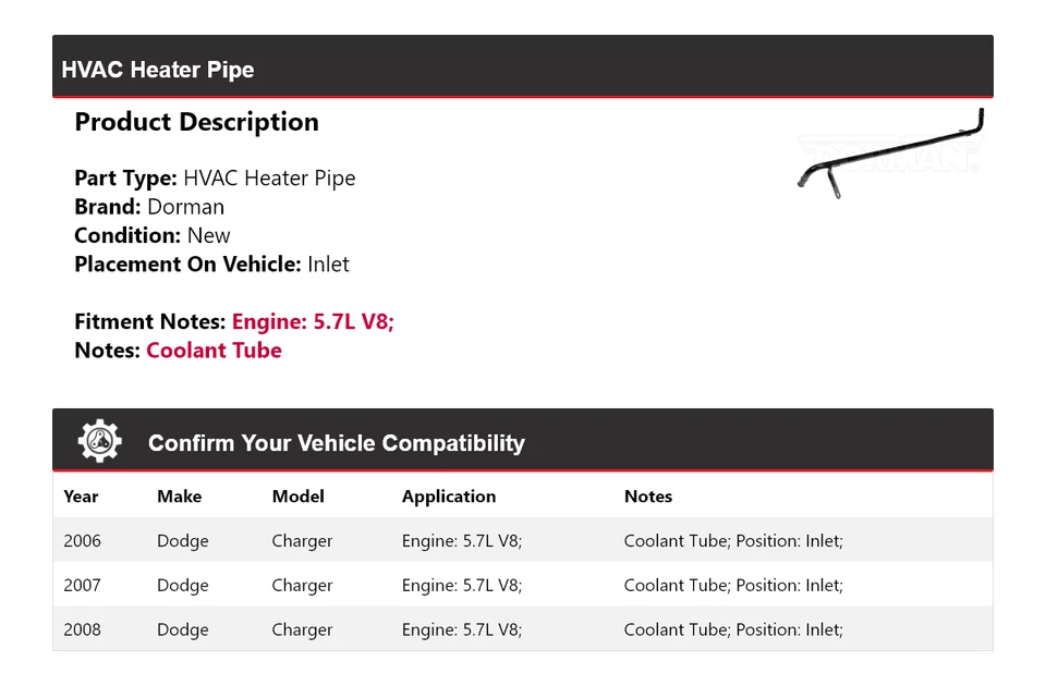 Para Dodge Charger 2006-2008 5,7 L V8 Dorman HVAC calefacción tubo entrada 2007 Foto 2 de 4