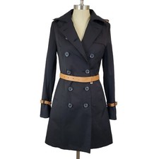 Rudsak Double Breasted Trench Coat Black Womens Sz S Leather Trim Lightweight