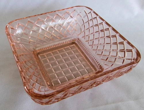 Vintage Pink Depression Glass Diamond Lattice 5-3/8" Square Bowl