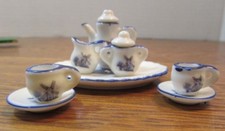 VINTAGE Miniature TEA CUP/SAUCER/TEAPOT/CREAMER/SUGAR/SERVING TRAY BLUE WINDMIL