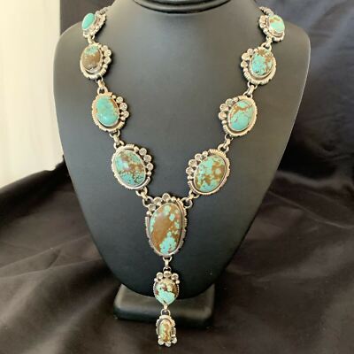Mens Blue Turquoise #8 Navajo Sterling Silver Lariat Necklace 10759