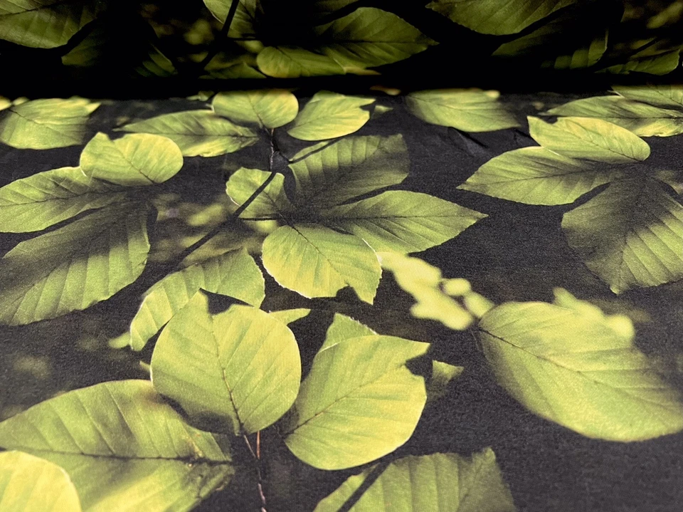 Soft Touch Stretch Spandex Jersey Fabric, Per Metre - Leaves Print - Green Black — 第 2/3 张图片