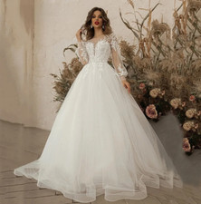 Boho A Line Tulle Wedding Dresses Long Sleeves Illusion Neck Open Back Lace