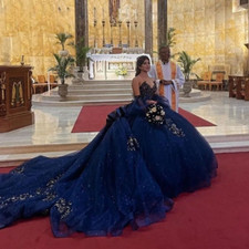 Navy Blue Quinceanera Dresses Ball Gown Lace Applique Beading Crystals Sweet 16