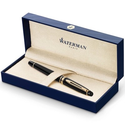 Waterman Expert Fountain Pen, Gloss Black with 23k Gold Trim, Medium Nib, Lu...