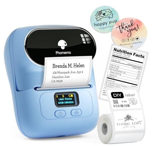 Upgraded M110 Barcode Label Printer with Lake Blue Label Roll